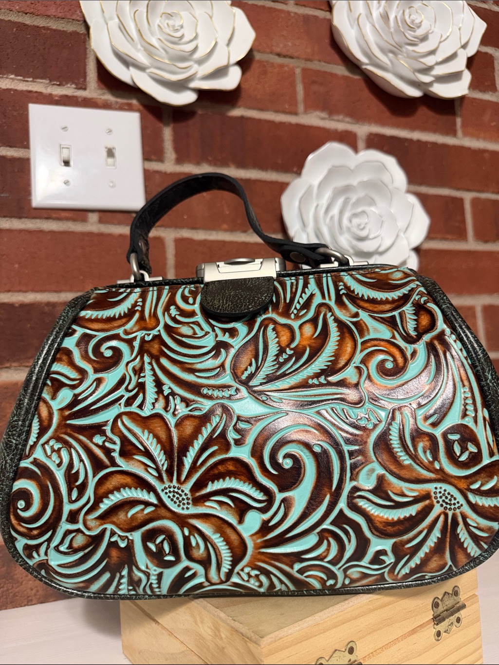 Patricia Nash Turquoise And Brown Tooled Floral Satchel